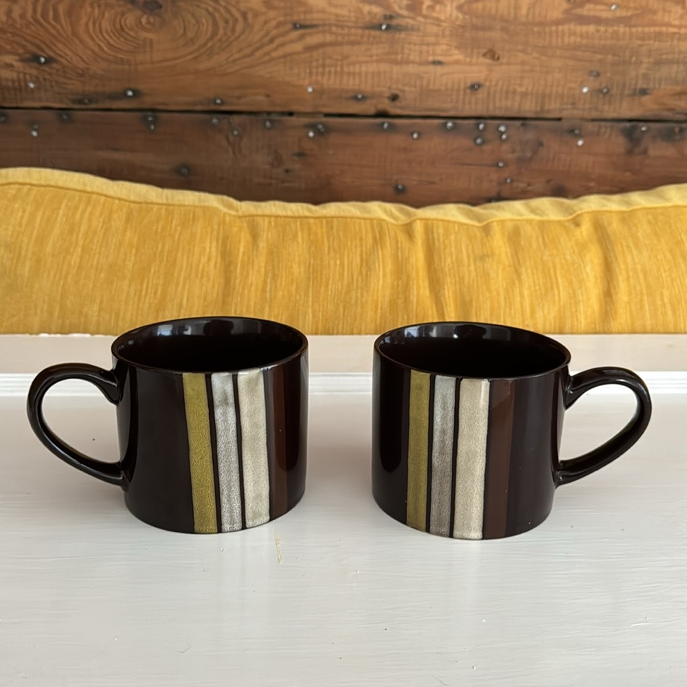 2 Blue Harbor Coffee Mug Large 20oz Reactive Glaze Brown w/Beige & Gold Stripes